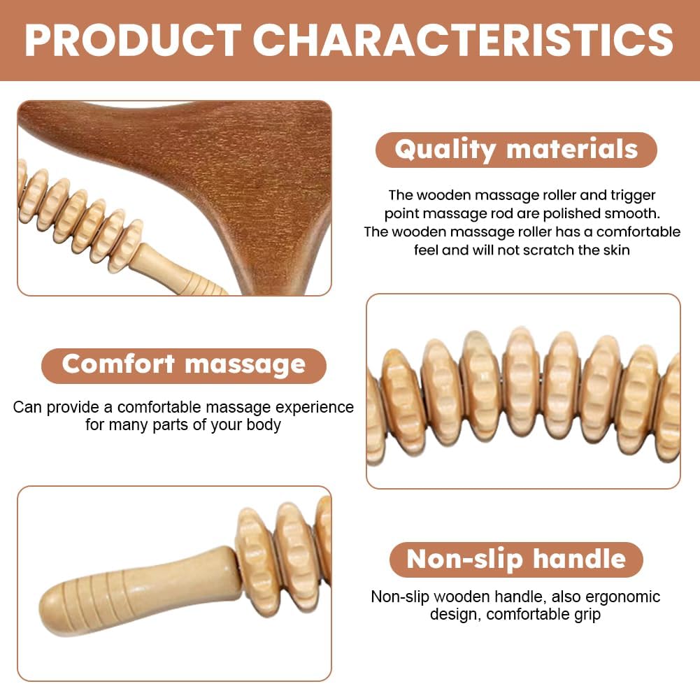 Wooden Massage Roller Stick with Triangle Massager, 12 Rollers Curved Wood Therapy-Massage Tool for Cellulite Reduction and Muscle Tension, 16.9inch - Image 3