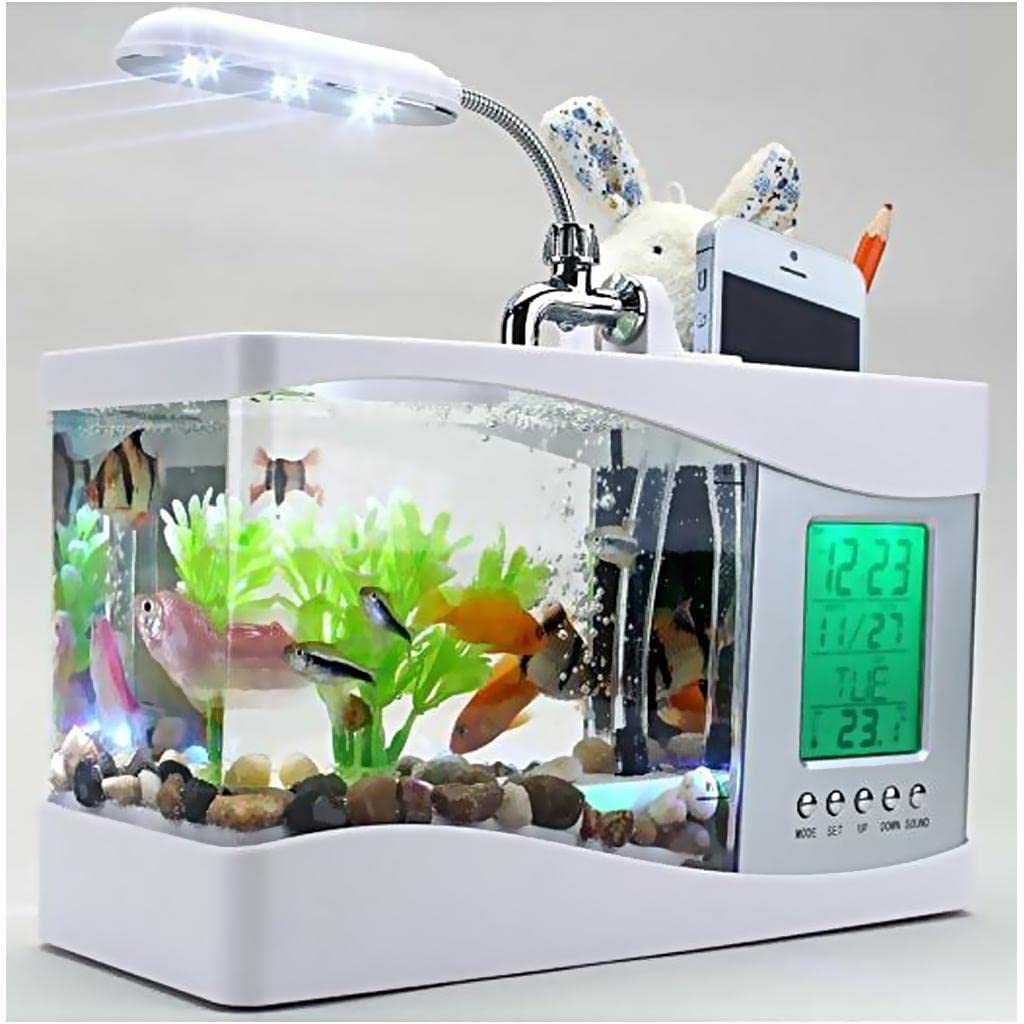Mini USB Desktop Aquarium LCD Display Fish Tank Clock LED Lamp