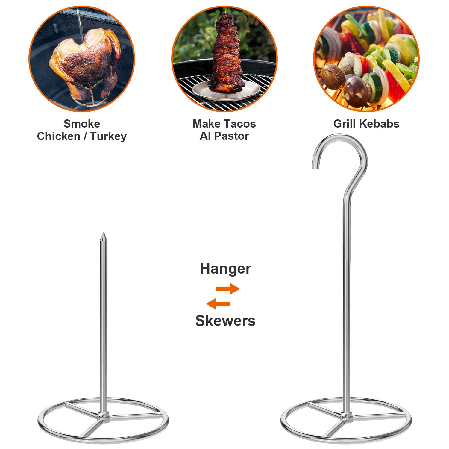Juego de soporte vertical para freidora de pavo, pincho Al Pastor con picos de tamaño extraíbles (1 base, 1 brocheta y 1 colgador de pollo), colgador de pavo para carne a la parrilla, acero inoxidable 4