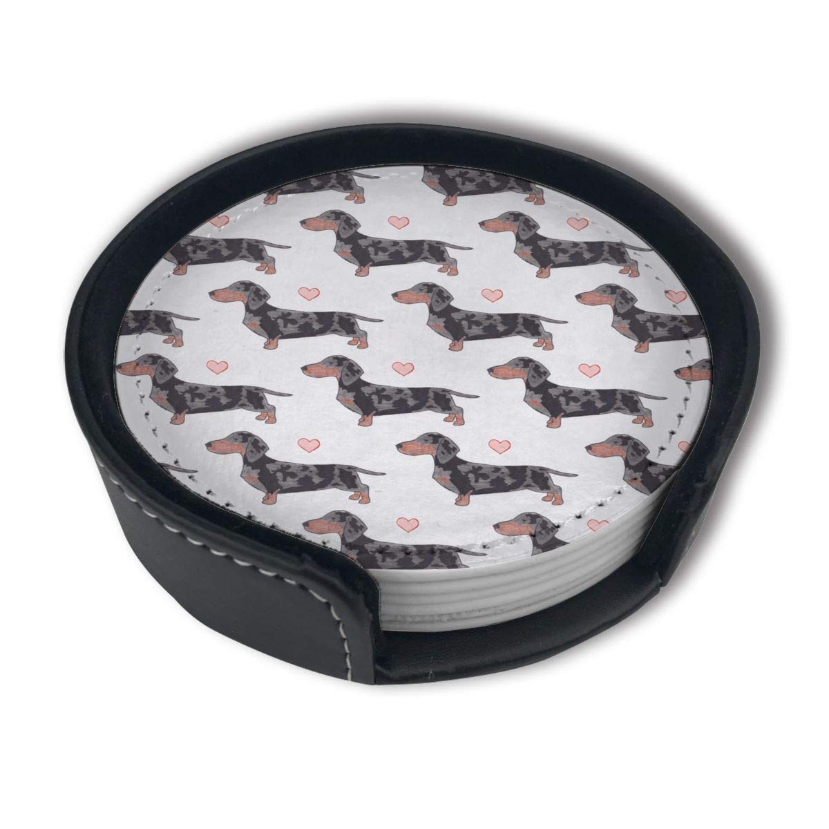 Dachshund Dapple Love 6-Pack Coaster For Drinks Set With Holder Absorbent Leather Coasters Round Cup Mat Pad For Home And Kitchen