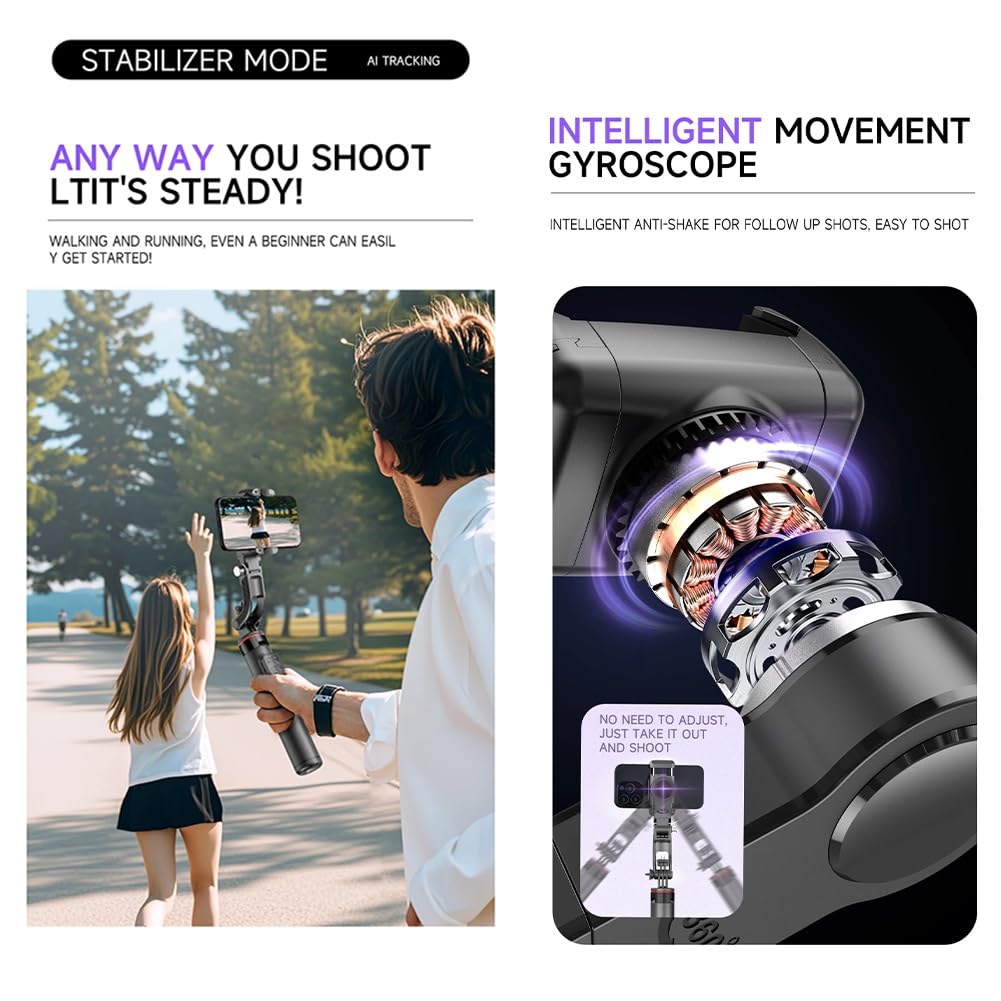 Selfie Stick Treppiede AI Face Tracking Gimbal Stabilizzatore Portatile Fotografia A 360° Magnetico per Smartphone Vite da 1/4"