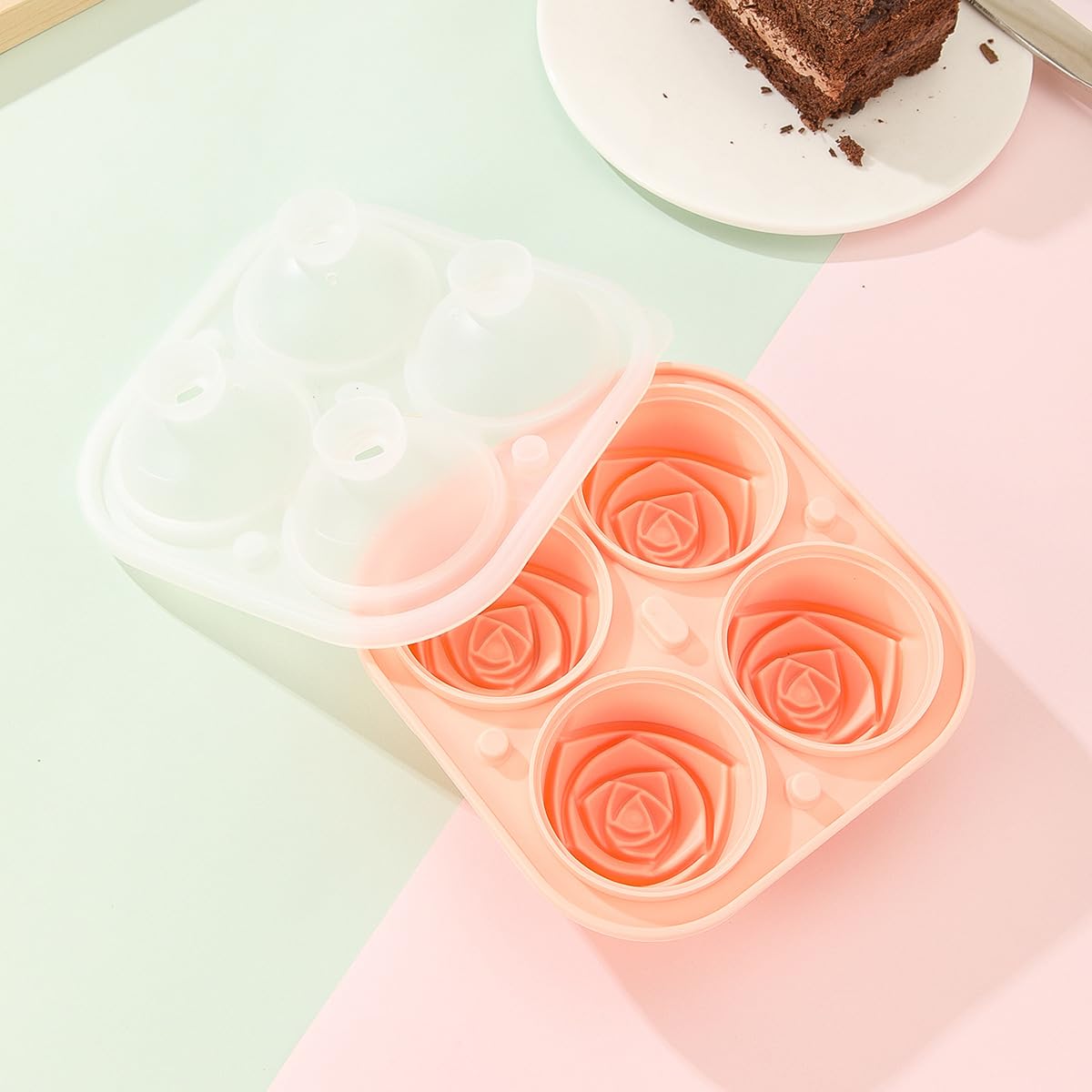 Duomama 3D Rose Ice Cube Maker - Make 4 Rose Shape Ice Cubes - Silicone Fun Big Ice Ball Maker for fruit juices coffee, tea, and more, Dishwasher Safe