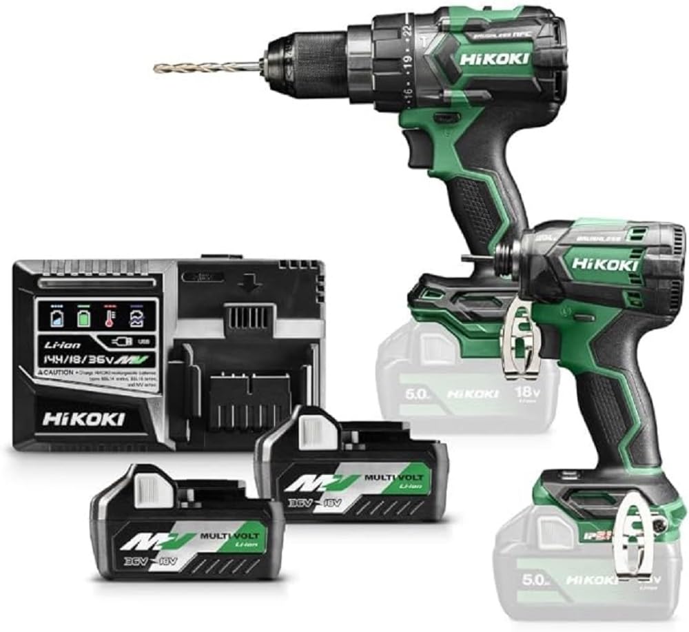 HiKOKI Set de Herramientas Brushless a Batería KC18DCWBZ (1 Taladro Percutor DV18DC, 18 V, 140 Nm + 1 Atornillador de Impacto WH18DC, 18 V, 210 Nm + 2 Baterías MULTI VOLT + Cargador)