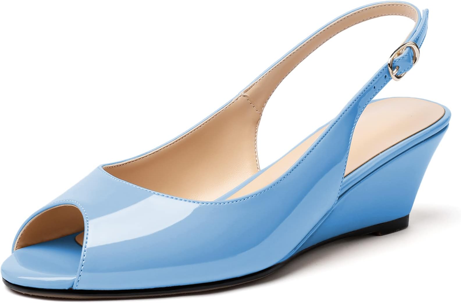 Women's Open Toe Ankle Strap Buckle Wedge Low Heel Peep Toe 2''/5cm Slingback Slip on Comfort Ladies Elegant Patent Leather US Size 5-13