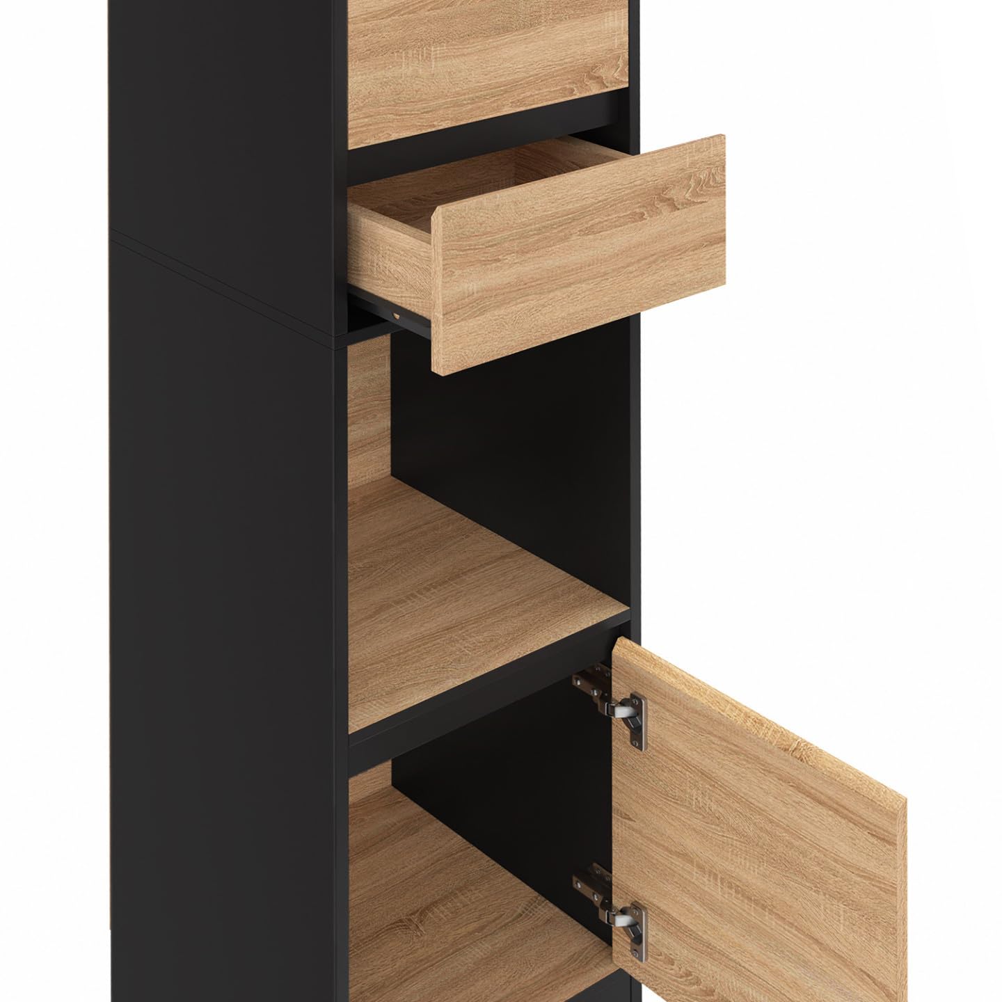 IDMarket - Libreria CARLA 3 livelli 2 cassetti 1 armadio effetto legno e nero H.190 cm