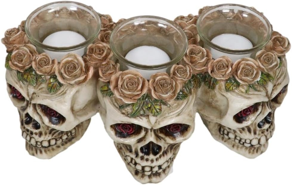 Ebros Gift Trio Gothic Rose Skulls with Pink Roses Laurel and Eyes Triple Votive Tea Light Candles Holder Sculpture Home Aroma Halloween Fragrance Candleholder Accessory
