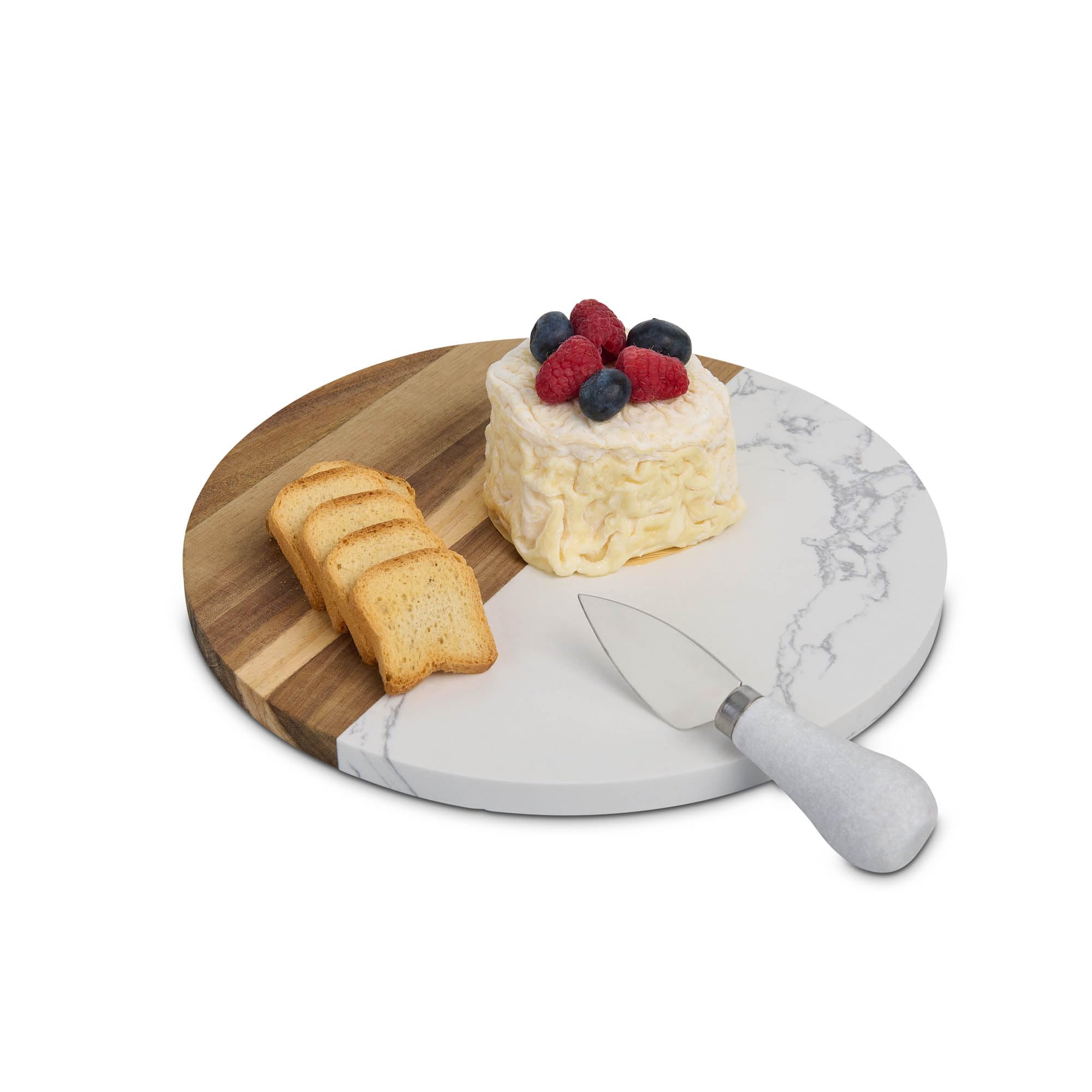 Maison du Fromage - Tabla de queso para embutidos, mármol cultivado y madera, redonda, 9.85 x 9.85 x 0.5 pulgadas