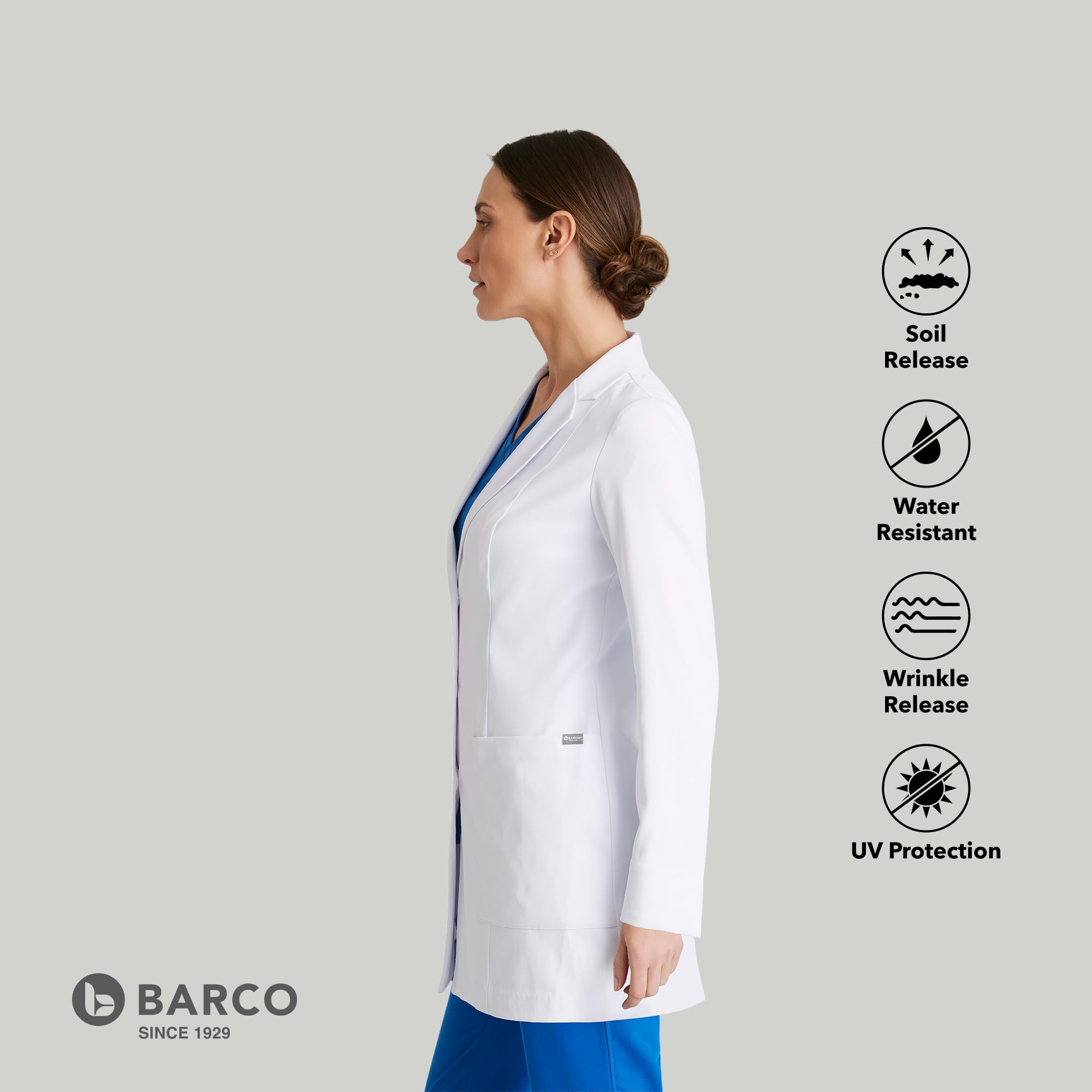 BARCO Merit - Abrigo de laboratorio para mujer, profesional, 3 bolsillos, cierre de 3 botones, manga larga, abrigo de laboratorio para mujer