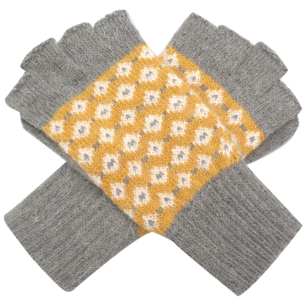 Purple Possum® Gloves Ladies Grey Fingerless Knitted Wool Angora Winter Cosy Warm Gloves (Grey and Yellow)