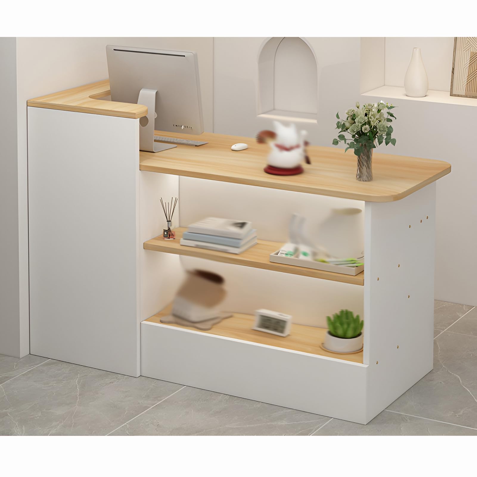 Mostrador De RecepcióN, Grandes Mostradores De RecepcióN, Mostradores De RecepcióN Con Compartimentos Abiertosmesa De Oficina, Cajones Y Armario Con Cerradura,(Size:140x100x45cm,Color:Nogal/izquierdo)