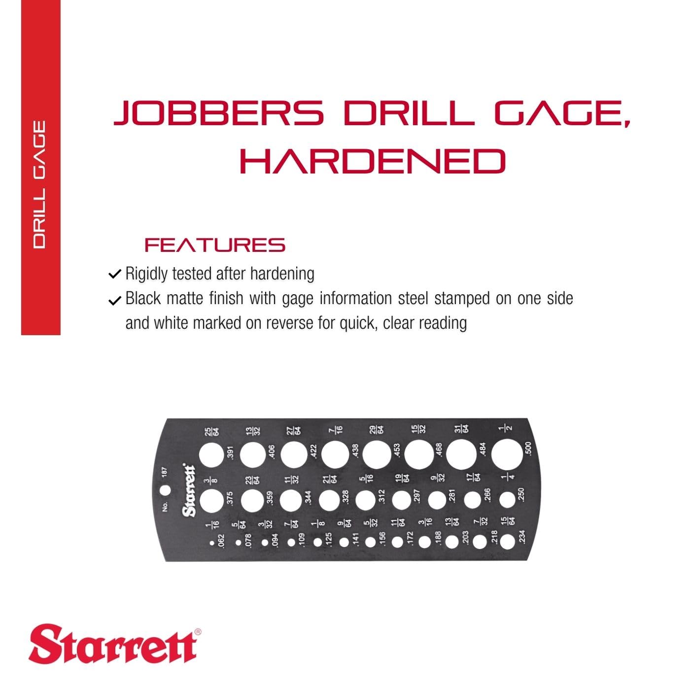 Starrett 187 Jobbers' Drill Gage, endurecido, acabado negro mate, 1/16 – 1/2" de diámetro gama