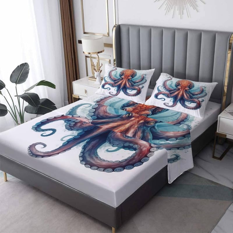 Miniatura 8 de Sábanas de pulpo tamaño matrimonial  Sábanas Kraken de microfibra suave, bolsillo profundo, sábanas y fundas de almohada estampadas sin arrugas, 4