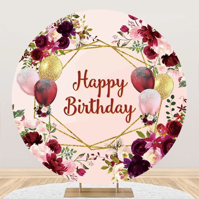 Yeele 6x6ft Burgundy Floral Happy Birthday Party Round Backdrop Rose Gold Balloons Photography Background Women Lady Girl 18th 20th 30th 40th 50th