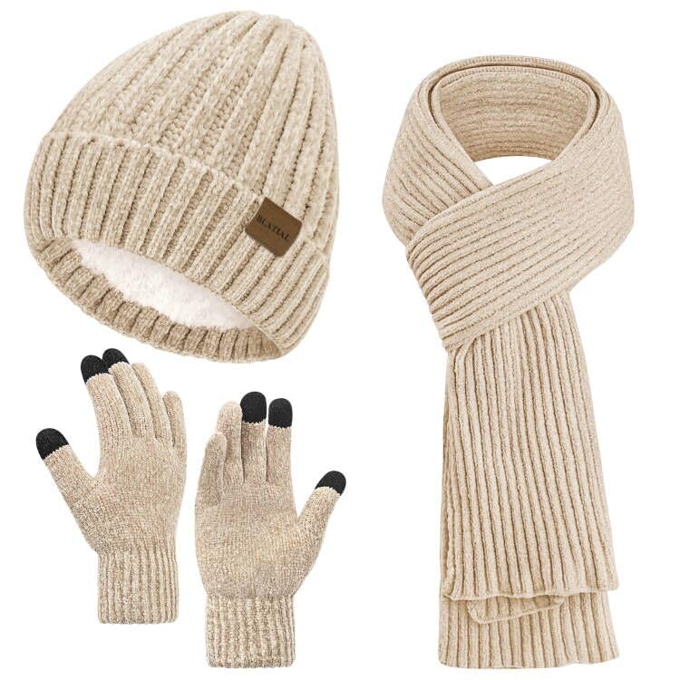 Womens Winter Hats Long Scarf Touchscreen Gloves Set Warm Fleece Lined Knit Beanie Hat Skull Caps