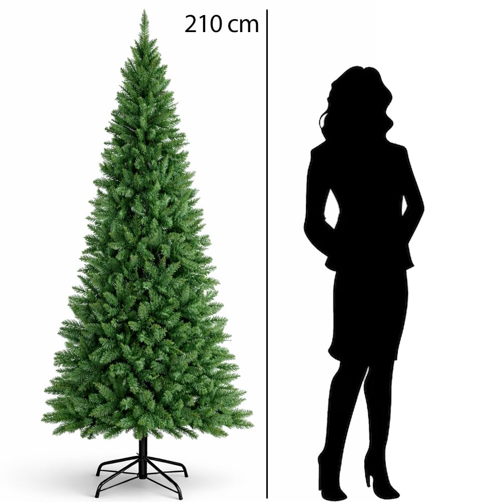 BAKAJI Albero di Natale Slim Molto Folto Ecologico e Ignifugo con Base a Croce in Ferro Pieghevole, Decorazione Natalizia Salvaspazio Foltissima con Rami Realistici (Verde Pino dei Sogni, 210 cm)