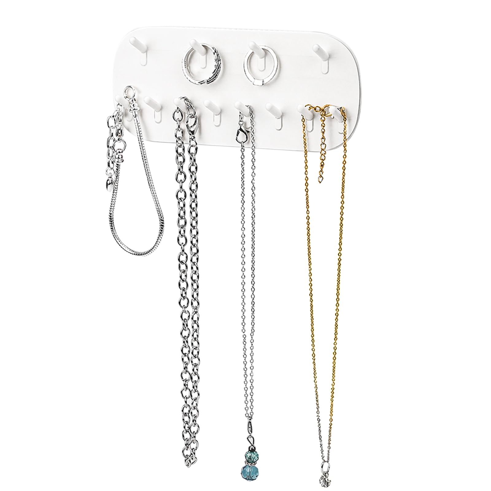Photo 1 of KALIONE Necklace Holder Wall Mounted, Hanging Necklace Holder Necklace Organizer Adhesive Plastic Necklaces Hanger with 6 Jewelry Hooks for Necklaces, Bracelets, Earrings, Keys, White