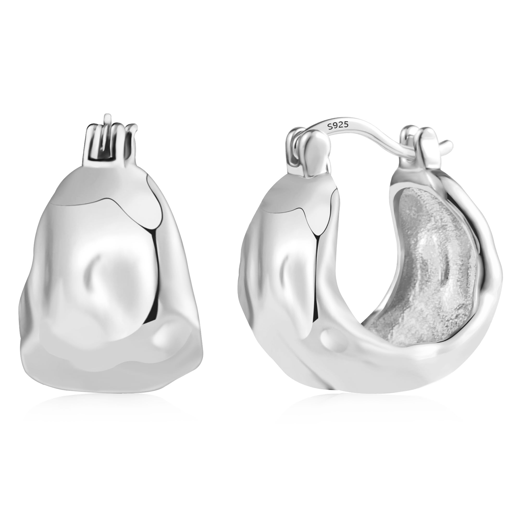 Silber 925 Ohrringe Kleine Creolen Breit für Damen, Klobige Ohrringe aus Sterlingsilber Ohrringe Hypoallergene Gehämmerte Kleine Dicke Huggie Creolen Leichte Breite Creolen Ohrringe für den Alltag