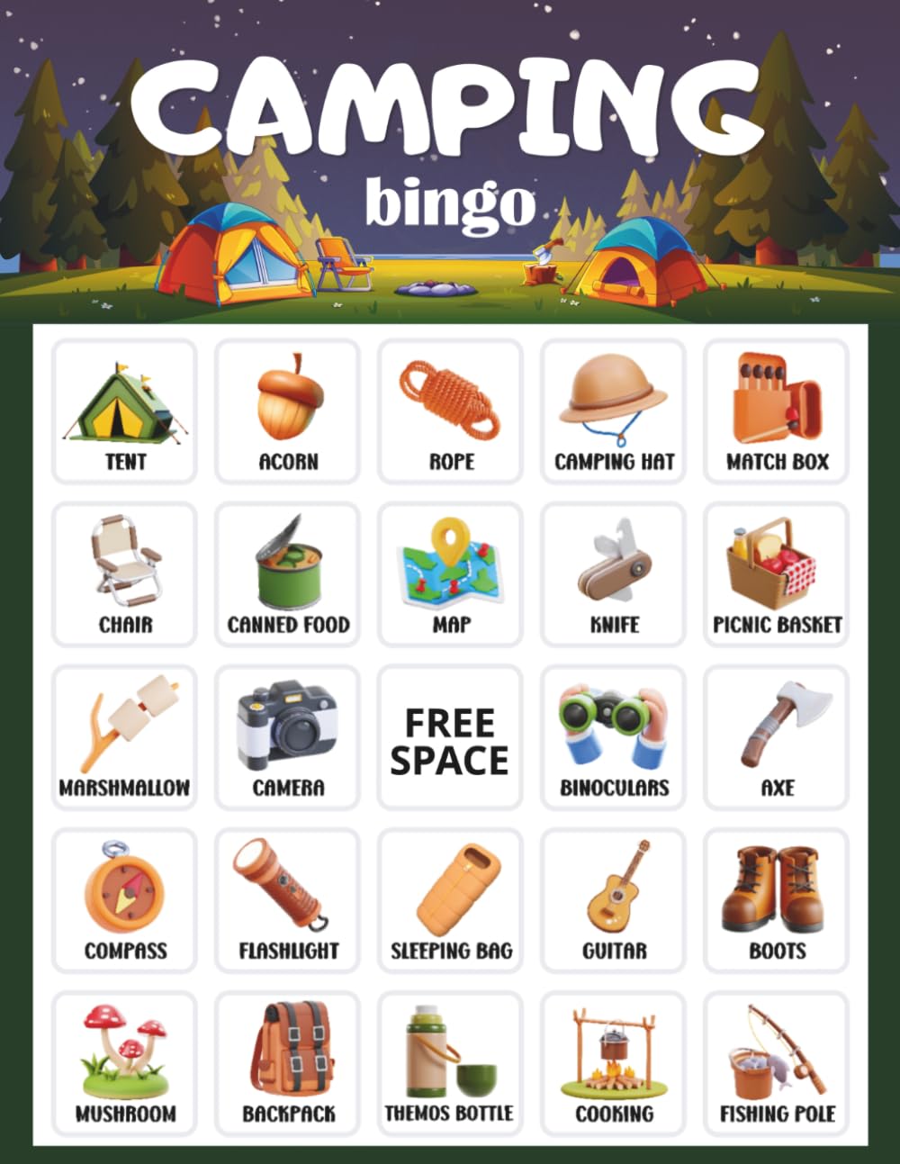 Camping Bingo: 32 player Camping Party Game, Kids' Road Trip Activity, Camping Activity for Family Game Night