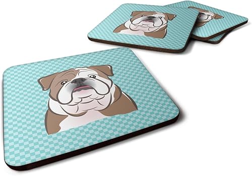 Caroline's Treasures Juego de 4 posavasos de espuma de Bulldog Inglés Azul Tablero de Ajedrez (3.5 pulgadas de alto x 3.5 pulgadas de ancho,