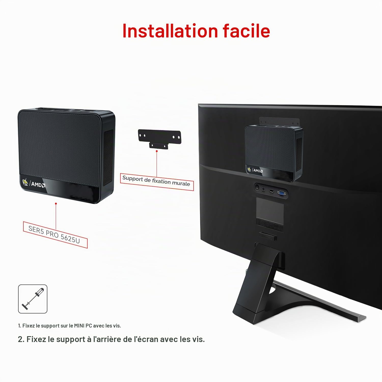 Beelink Mini PC SER5 Pro, Ryzen 5 5625U (jusqu'à 4,3 GHz), 16Go RAM DDR4, SSD NVMe de 480Go, Sortie Triple écran 4K, Carte Graphique AMD Radeon 7 cœurs 1800 MHz, Wi-FI 6 / LAN 2,5 G/BT 5.4