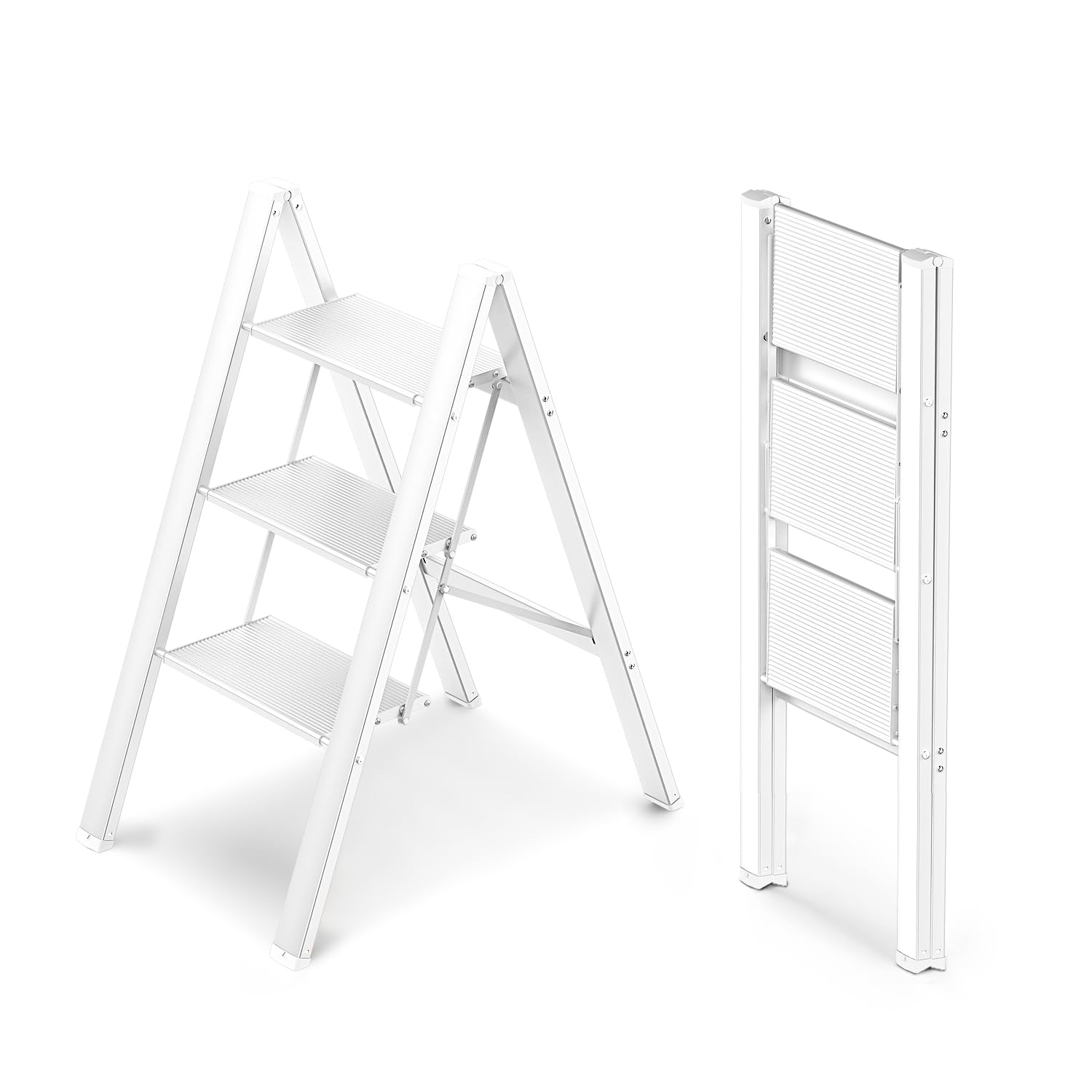 3 Step Ladder, Foldable Step Stool, Aluminum Lightweight Ladder for Home Kitchen Closet, Anti-Slip Pedals, Ease of Folding, Portable, 300lbs Capacity - White
