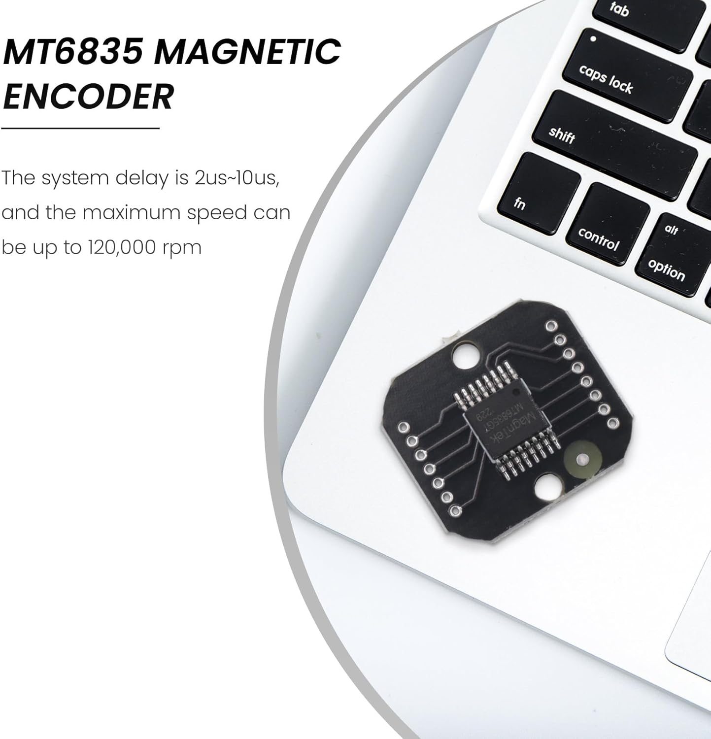 MT6835 Magnetic Encoder Module placed on a laptop keyboard, suggesting integration with a development environment