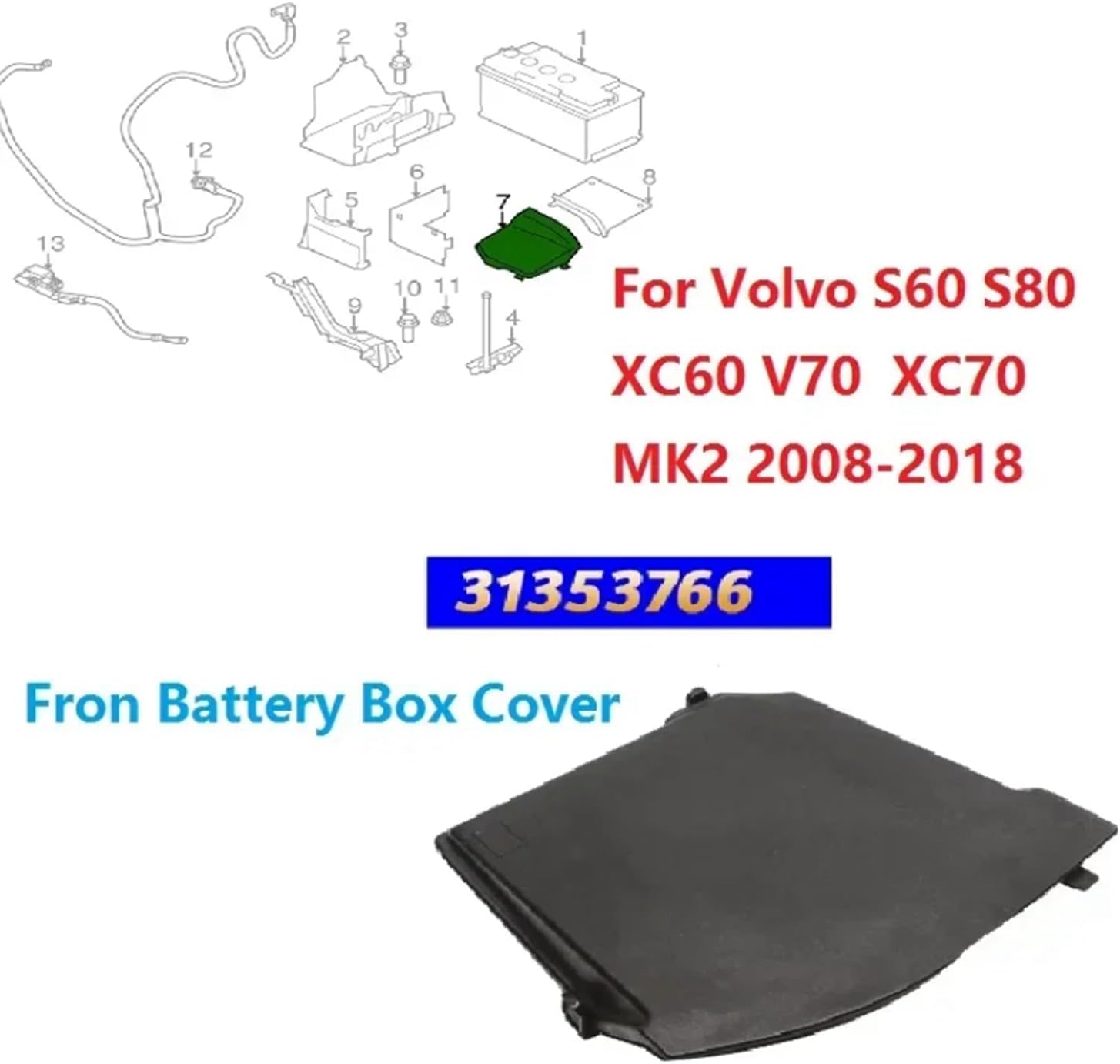 OE 31353766 ABS Front Battery Cover for Volvo XC60/XC70/S60/S80/V60/V70 2008-2018 - Direct Replacement Black Outer Housing (Replaces 31294775)
