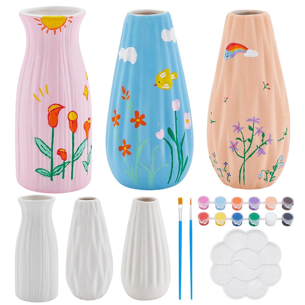 WEBEEDY 3 Set Kit de pintura cerámica para adultos Jarrón Kit de pintura cerámica jarrón sin pintar con borde rombo pinta tu propio florero decoración de hogar (3 formas)