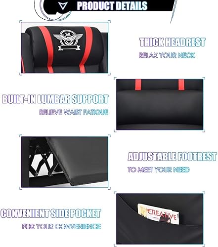 Miniatura 7 de BUSHLY - Silla reclinable ajustable para juegos, sofá individual de masaje estilo carreras con reposacabezas y almohada lumbar, sillón reclinable de