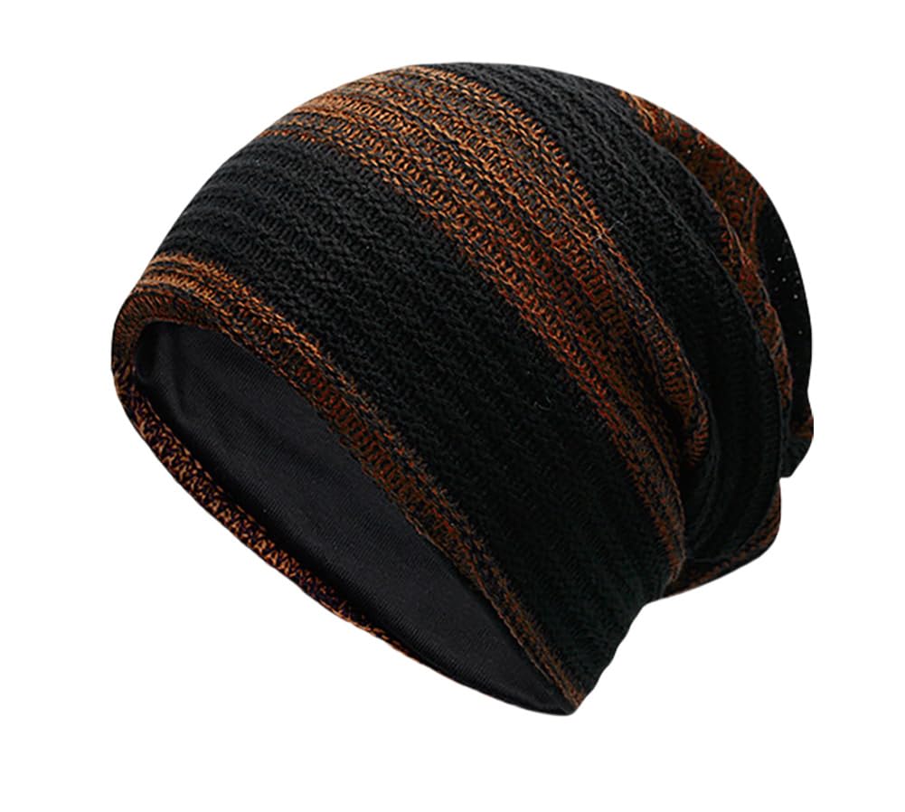 MINAKOLIFE Mens Striped Slouch Large Beanie Warm Skull Cap Hat Oversize, Blackbrown, L-XL