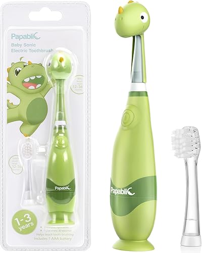 Miniatura 8 de Papablic Paquete de 4 cepillos de dientes eléctricos para bebés cepillo de dientes para niños de 1 a 3 años con bonita cubierta de dinosaurio y