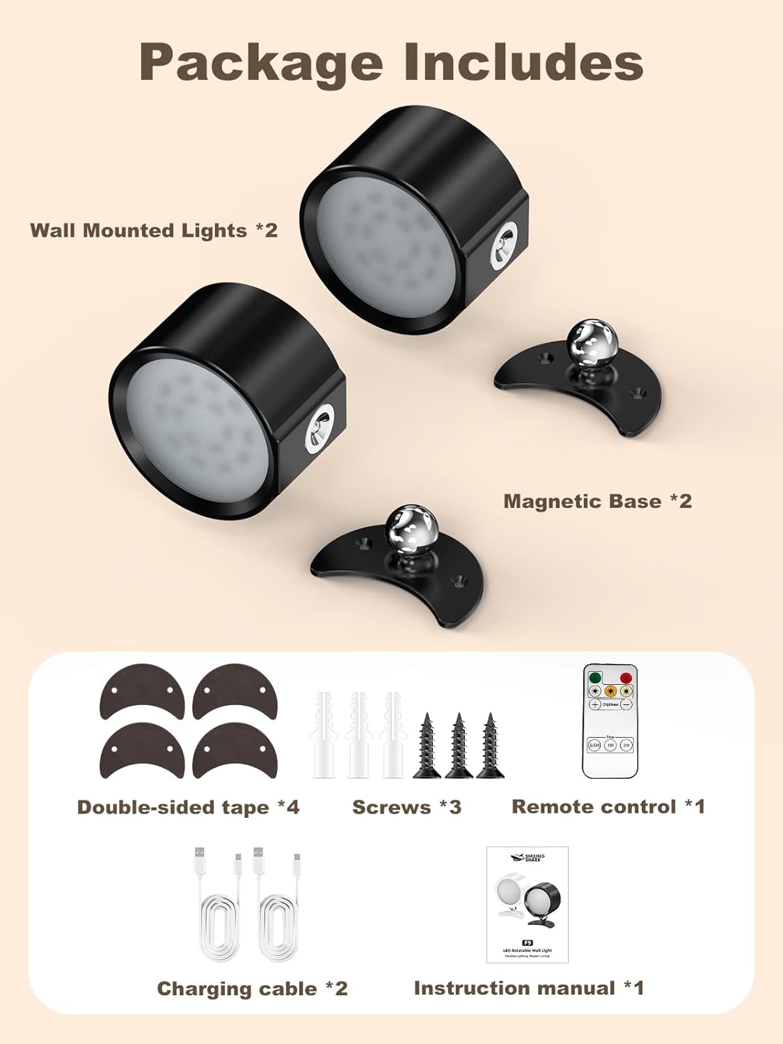 Smiling Shark Wall Light F9, Rechargeable Wall Mounted Lamp LED 3 Color & 4 Brightness Stepless Dimming 360° Rotate Magnetic Ball Cordless Wall Sconce Lamp for Bedroom Reading Bedside (2, Black)