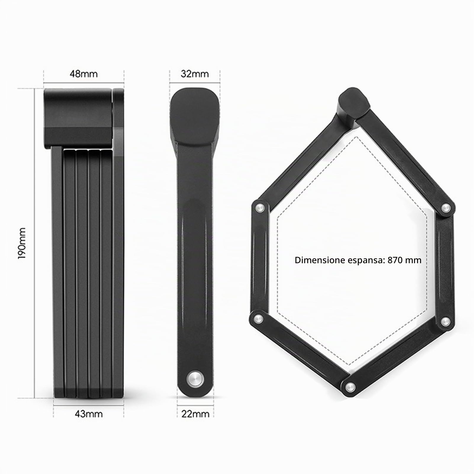 Lucchetto Pieghevole per Bici Lucchetto Pieghevole Portatile per Bici con Staffa di Montaggio e 2 Chiavi, Adatto per Biciclette, Scooter e motociclette (Lunghezza Massima da Aperto: 87 cm).