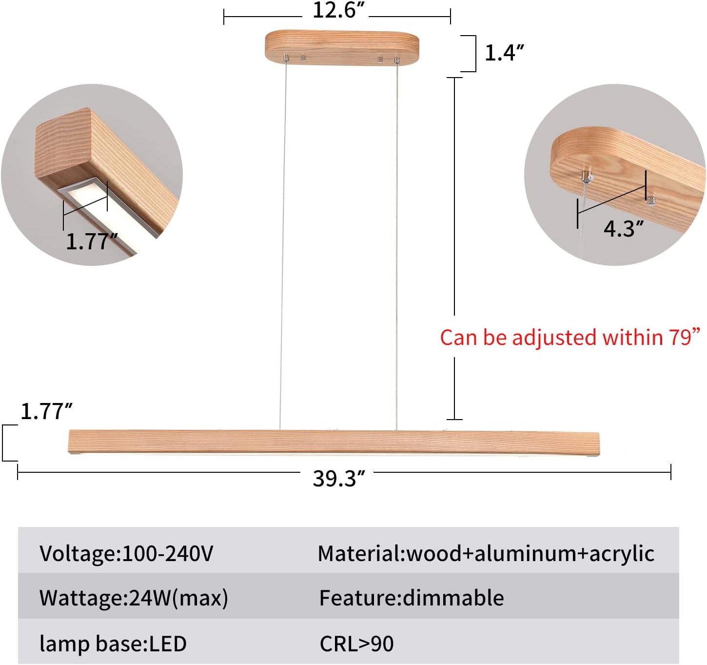 39" Wooden Linear Pendant Light LED Pendant Lights Dimmable Pool Table Island Lights Modern Linear Chandeliers for Dining Room Kitchen Ceiling Pendant Lamp for Kitchen Island Billiard Room Natural Natural 39in