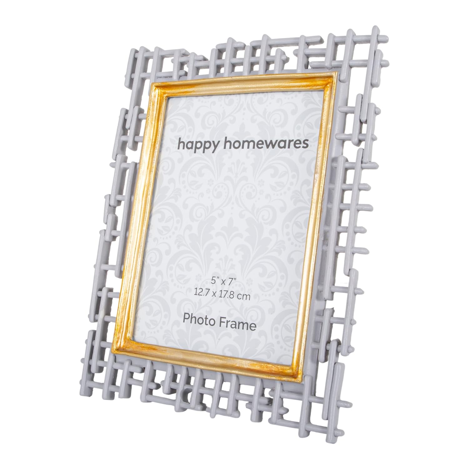 Happy Homewares Traditional Designer Hand Painted Grey and Brushed Gold Resin 5x7 Picture Frame with Grid Decoration | For Wall or Table | Portrait or Landscape