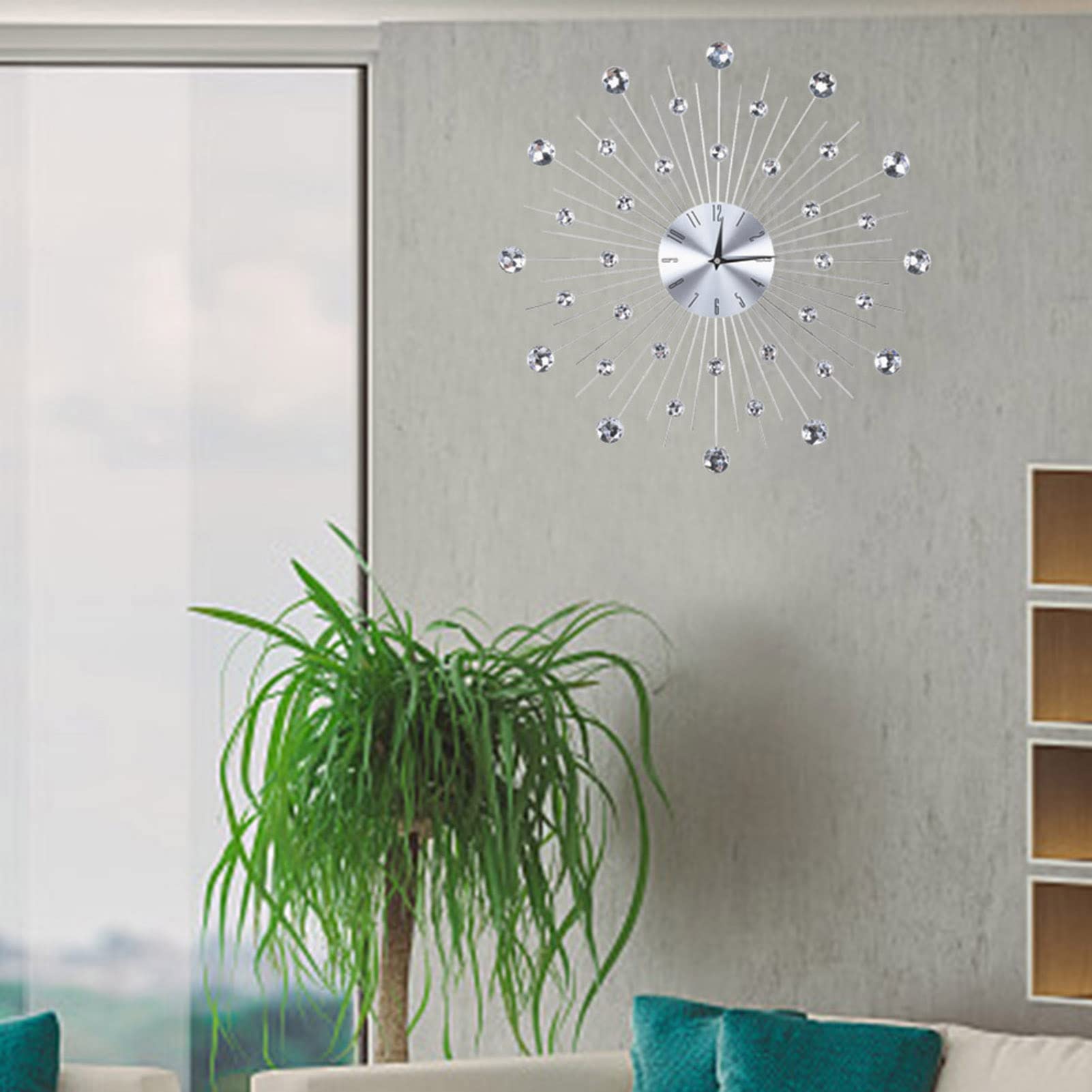 Reloj de Pared de Cristals, Reloj de Pared Brillante, Reloj Decorativo de Pared de Metal con Tachuelas de Diamante, Reloj de Decoración de Pared para Sala de Estar Dormitorio Oficina(Plata)