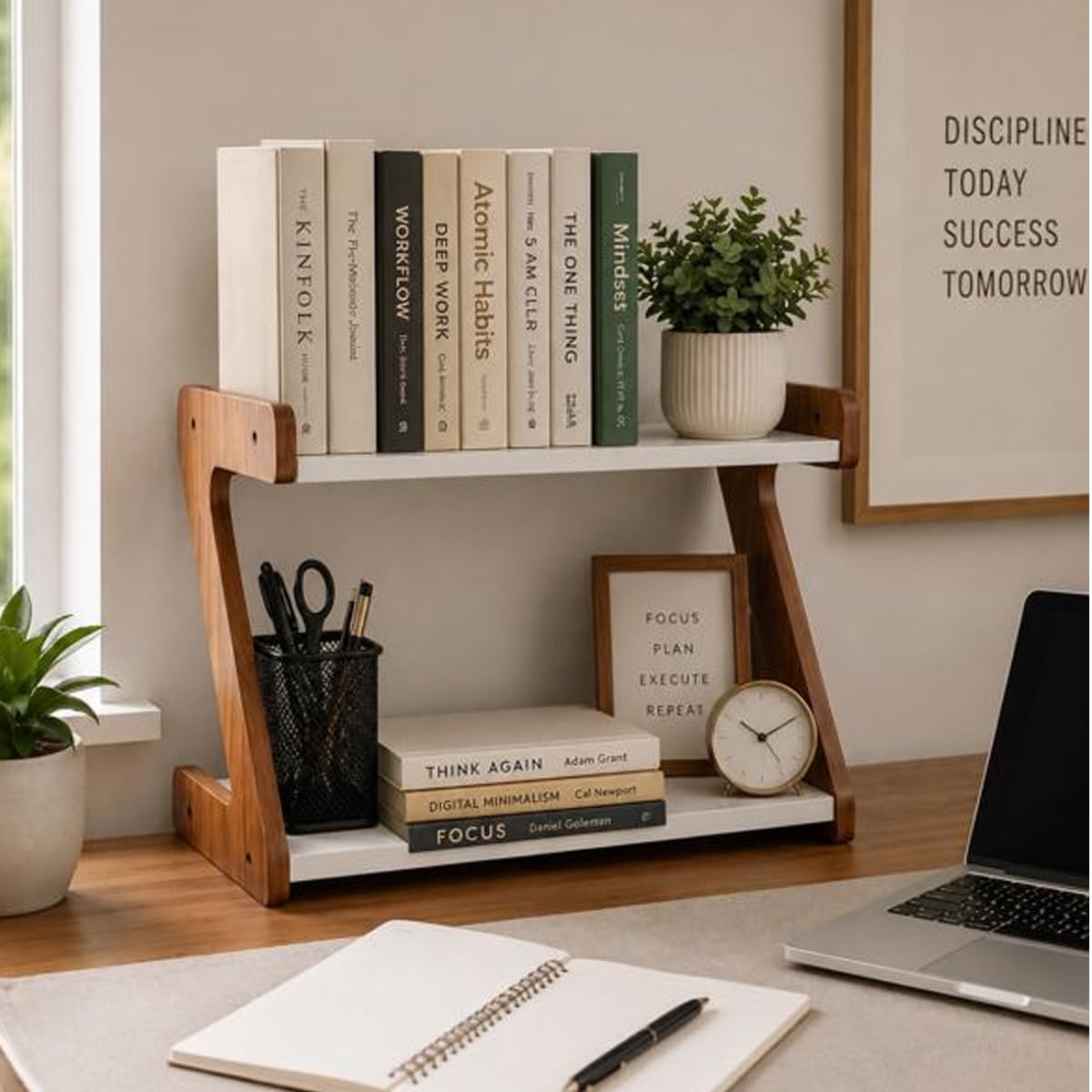 Wooden Tabletop Bookshelf – Adjustable Desk Book Organizer Rack for Home & Office, Space Saving Display Shelf for Books, Décor & Storage, Engineered Wood Table Top Bookcase (Rustic Brown)-image-38