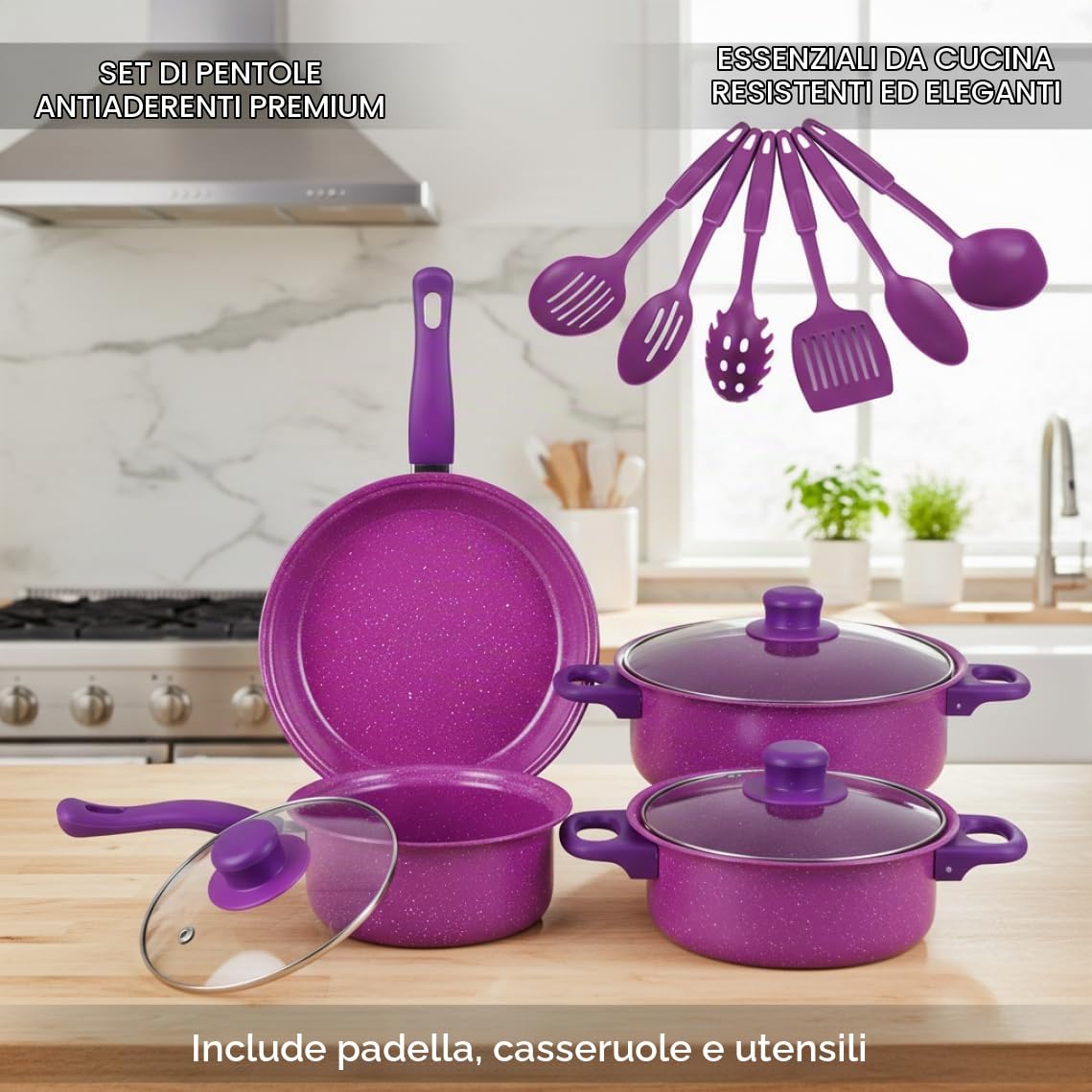 Set di pentole antiaderenti, pentole e padelle antiaderenti da 13 Pezzi con Padella, pentolino per Il Latte e Utensili per la Cucina casalinga, Viola