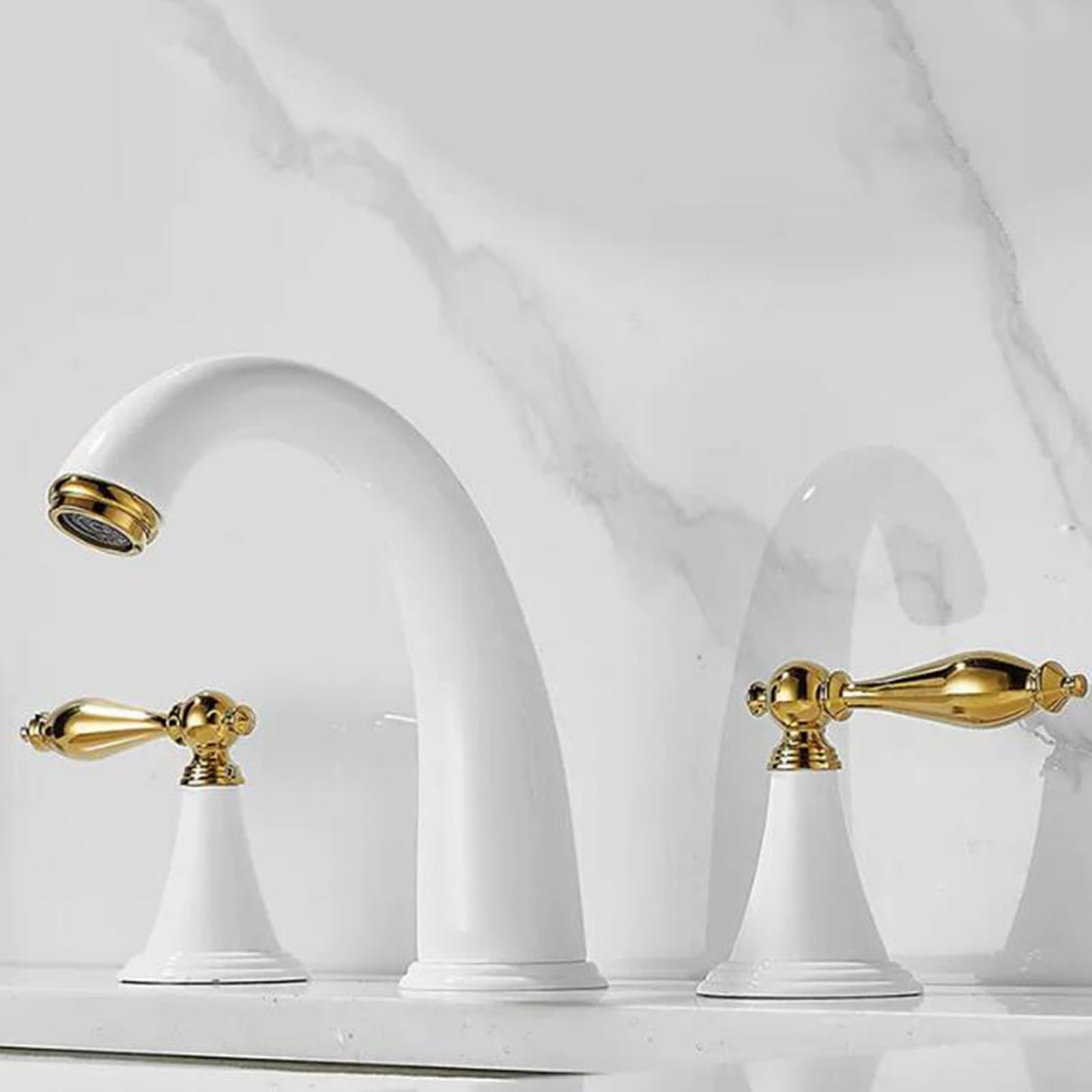 Grifo Lavabo 3 Orificios Grifo Baño 3 Orificios Latón Agua Fría y Caliente Doble Asa-Blanco+Dorado
