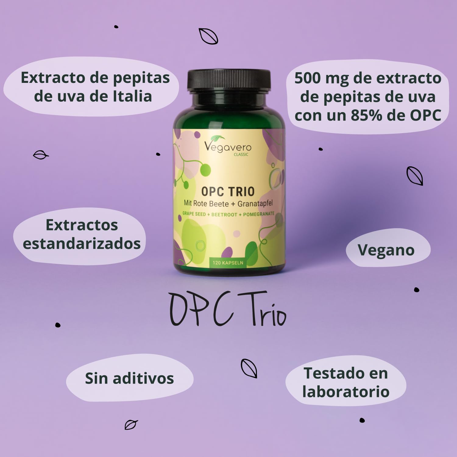 OPC | 12.500 mg de Extracto de Semilla de Uva | Antioxidante Natural para Circulación | Alta Dosis de Uvas Italianas | Vegano & Sin Pesticidas | Vegavero