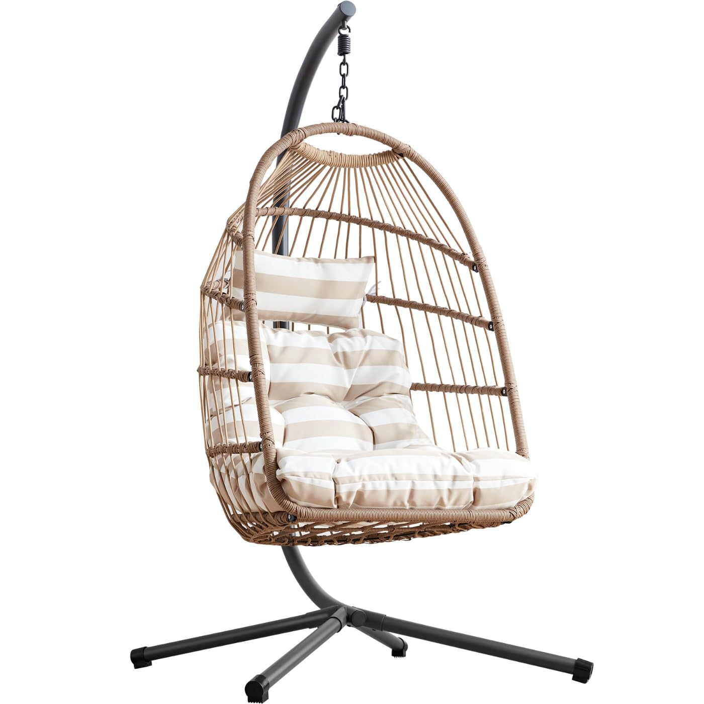 Blisswood Hanging Egg Chair with Cushion & Stand – Foldable Rattan Swing Chair for Indoor & Outdoor Use, Garden Patio Hammock Pod Seat, Adjustable Height, Supports Up to 160kg (Beige)