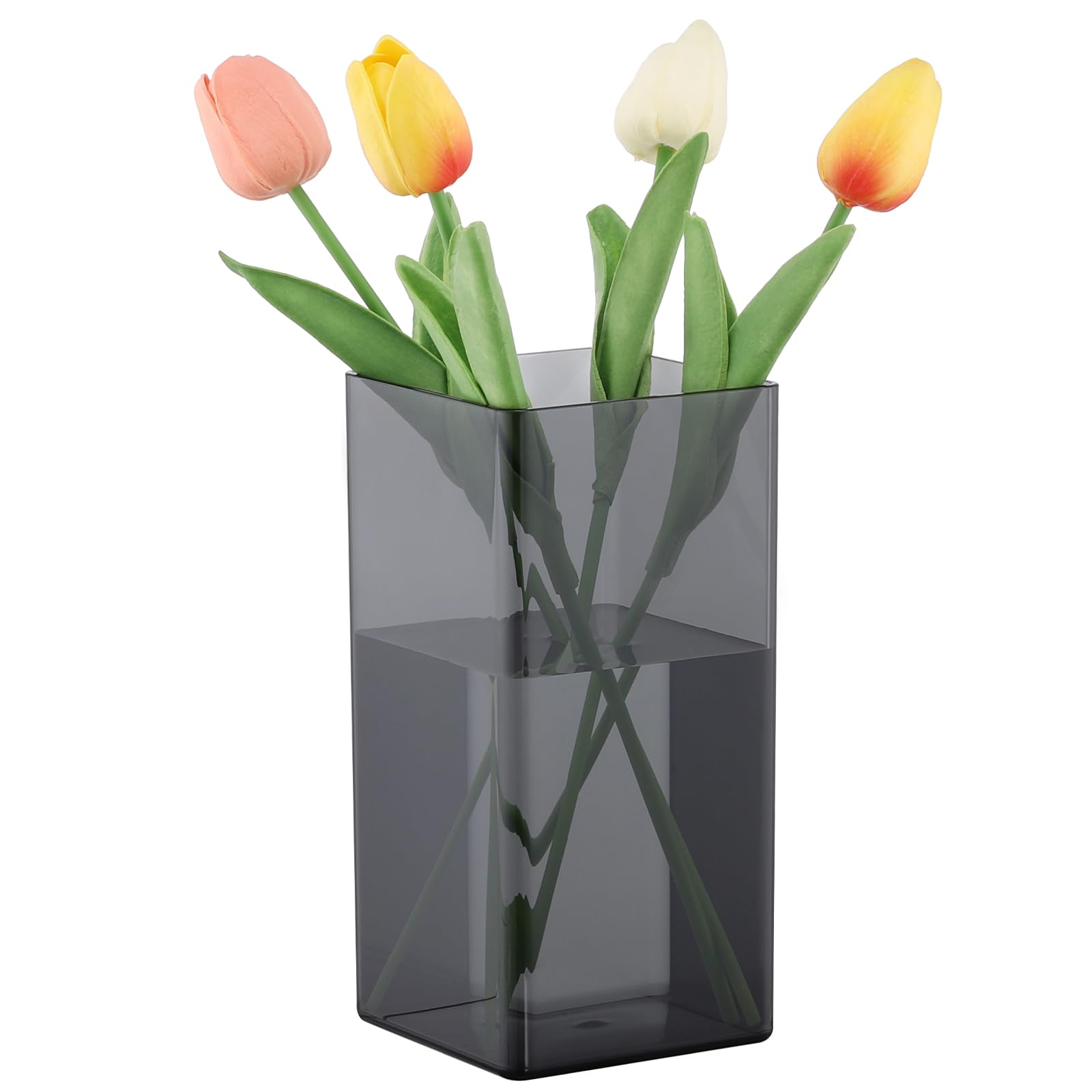 Segus Jarrón de Flores, 10 X 20cm Florero Acrílico Cuadrado, Jarrones Decorativos, para Decoracion Hogar Salon, Mesa Comedor (Negro Translúcido)