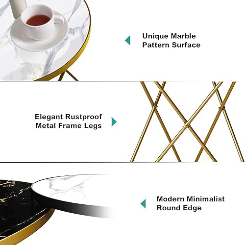 Miniatura 4 de HLR Modern Round Side Table, End Table with Marble Effect Top and Gold Metal Frame, Small Side Table for Living Room, Bedroom, Sofa and Couch, Gold