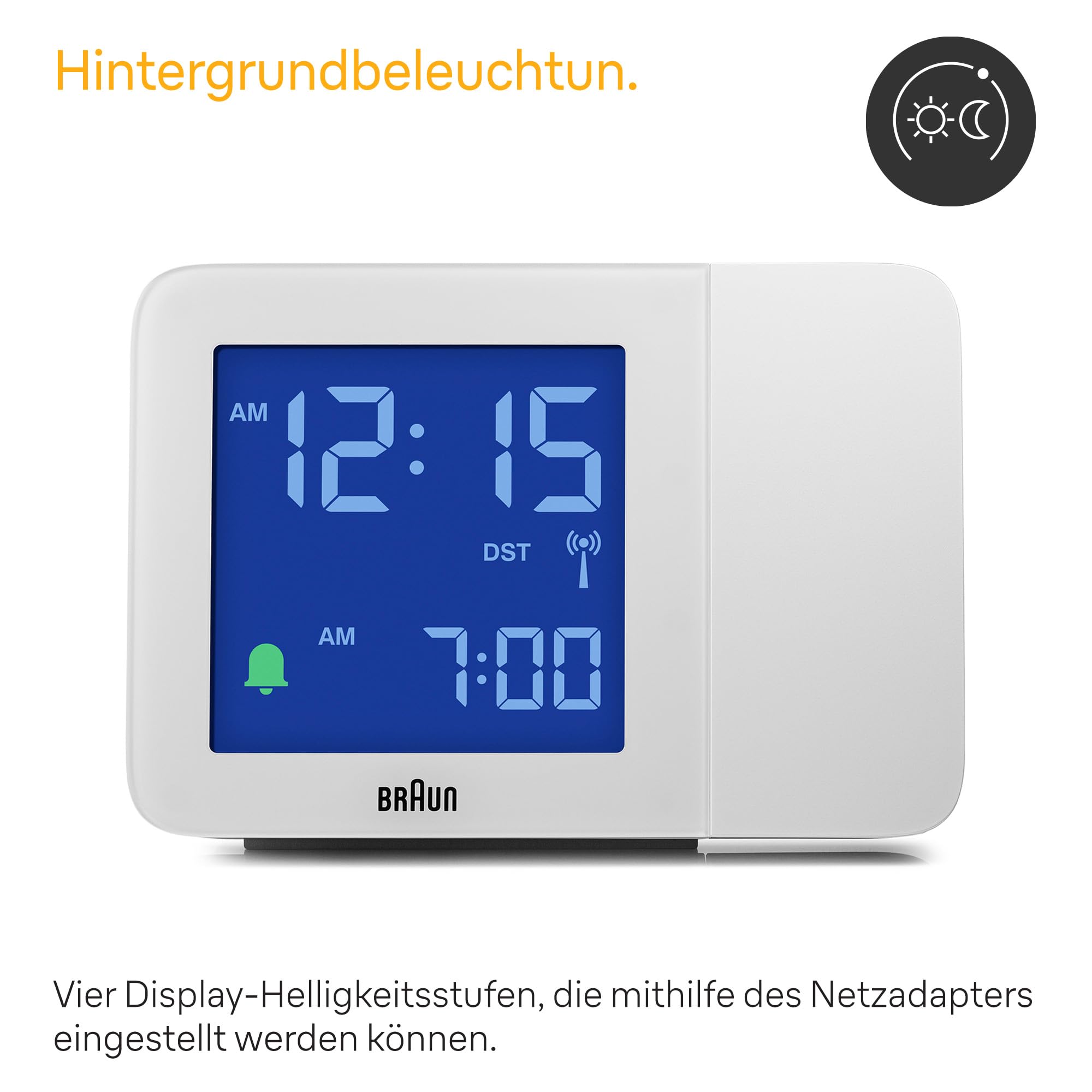 Braun Digitaler Funk-Projektionswecker für die mitteleuropäische Zeitzone (DCF) mit negativem LCD-Display, Schnelleinstellung und Alarm-Piepton in Weiß, BC15W-DCF.