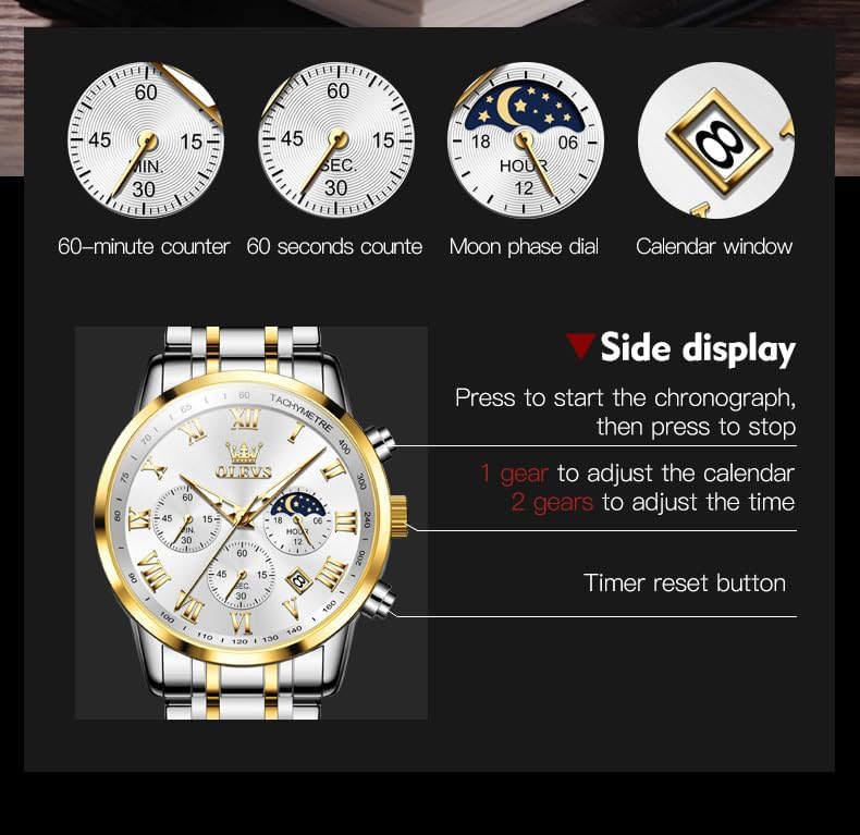OLEVS Mens Watches Luxury Big Face Waterproof Stainless Steel Analog Quartz Multifunctional Luminous Date Two Tone Fashion Dress Wrist Watches for Man - Image 5