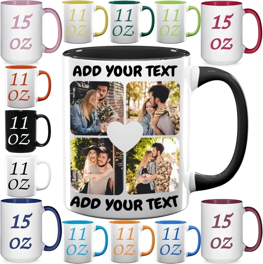 Custom Coffee Mugs - Personalized Ceramic Cups with Text and Collage Image - Customized Family Friends Photo Text Tea Cups Gift - 11 & 15 oz