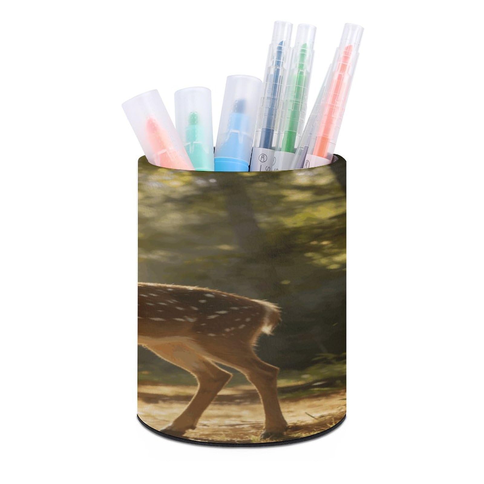 LZQPOEAS Deer Encounter The Dawn Light Pen Holder for Desktop Organizer Storage Case Modern Minimalist Pen Cup Round Pencil Holder PU Leather Pencil Cup Multi-Functional Office Supplies for Home
