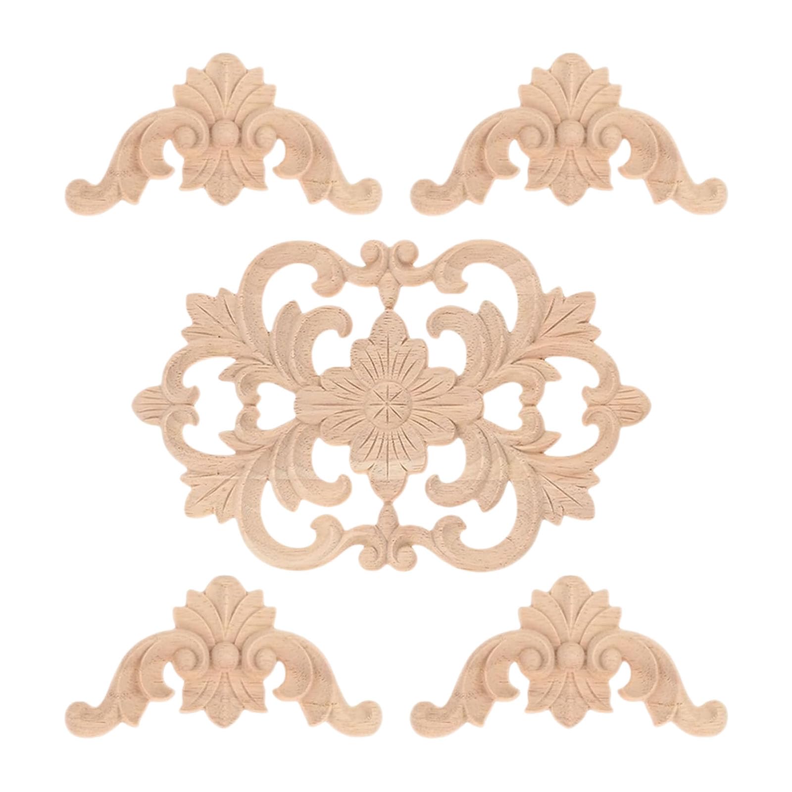 Center Wood Appliques Unpainted Wooden Carving Decals Decorative Corner Onlays for Bed Door Cabinet Wardrobe Fireplaces Wood Appliques