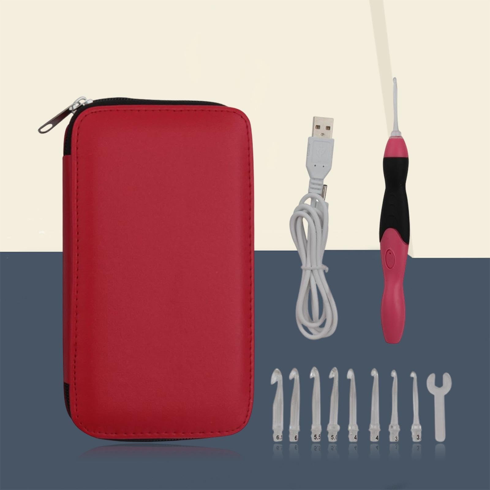 Juego de 5 agujas de ganchillo iluminadas, 9 piezas, herramientas de tejer recargables por USB, con funda, color rojo