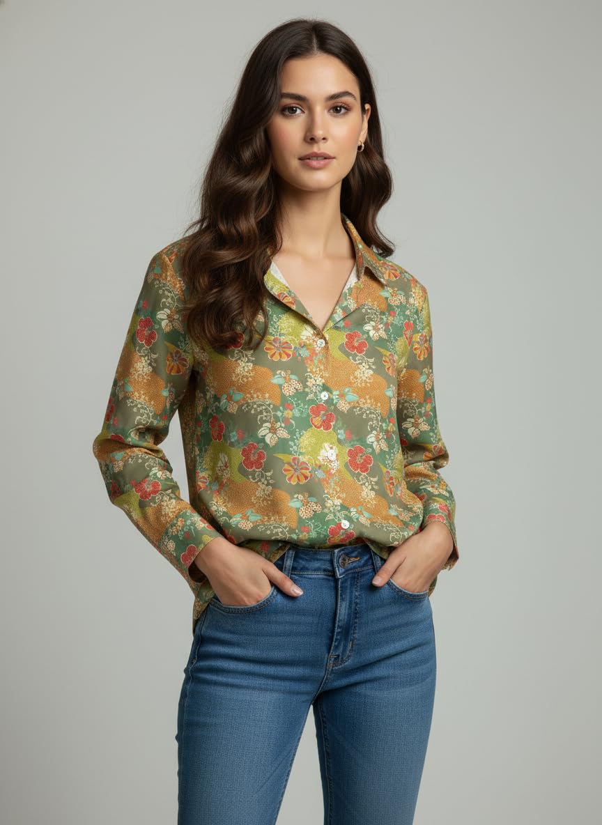 ANNI Designer Bedrucktes Damenhemd aus Baumwollmischgewebe, langärmelig, normale Passform, Kragen, legere Bürokleidung, elegante Western-Kleidung für den Alltag, Hochzeit, Party